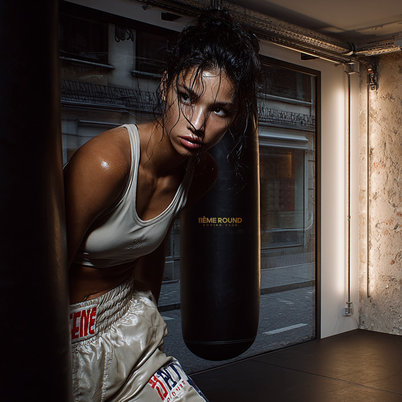 Coureuse entraînée à la boxe dans un gymnase moderne à Paris.