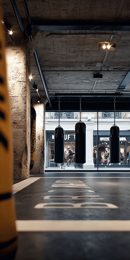 Boxe anglaise entraînement, salle de sport urbain, équipements de boxe, ambiance de gym moderne.